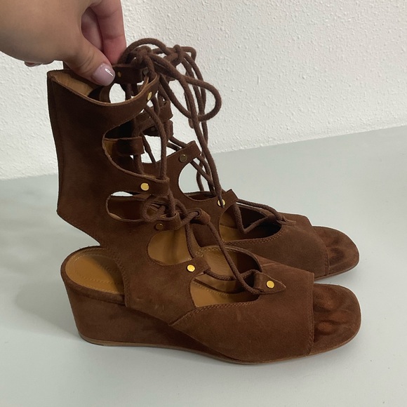 Chloe Brown Suede Wedge Gladiator Sandals Size 37 1/2 - Picture 1 of 7